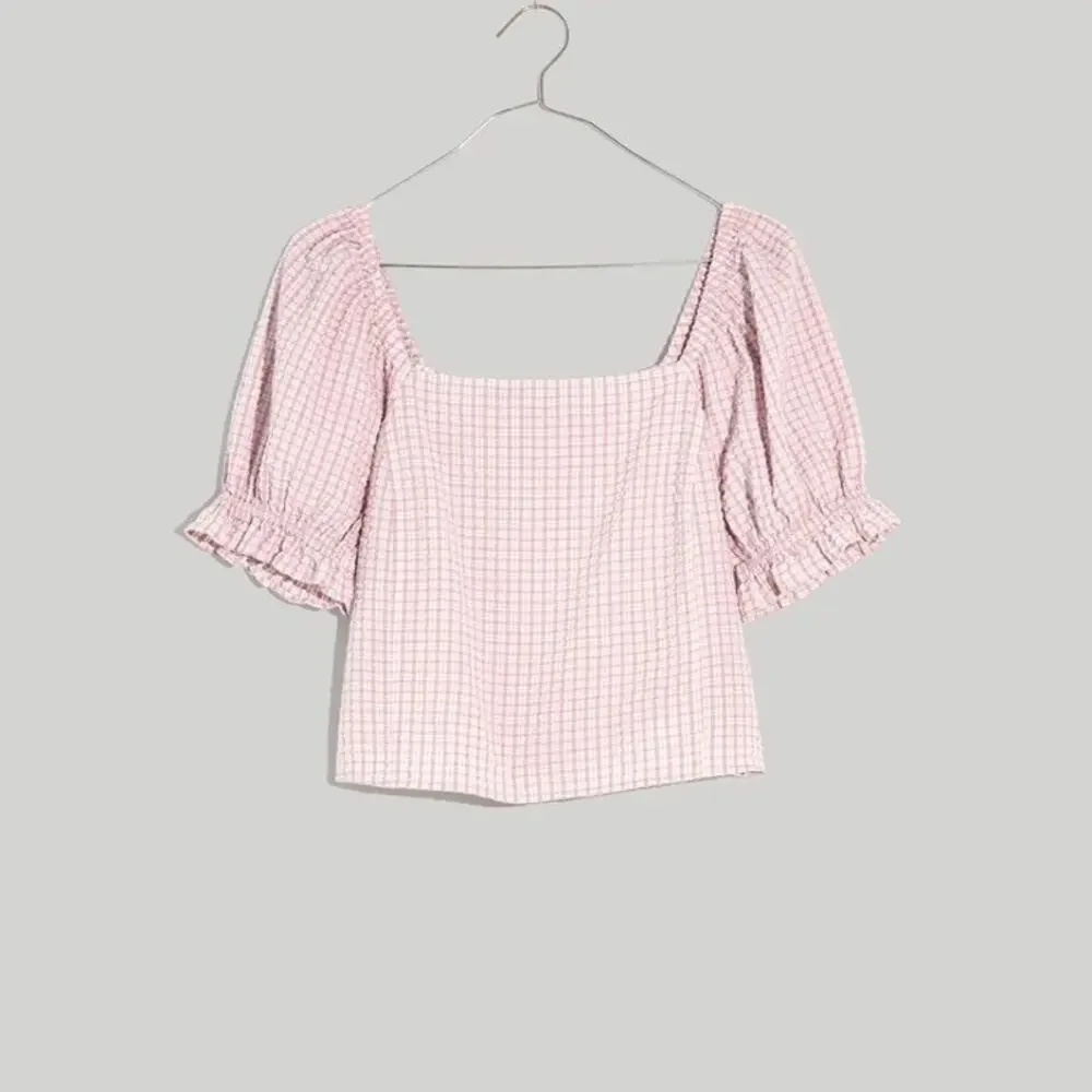 MADEWELL Seersucker Hopewell Puff-Sleeve Crop Top Womens Plaid Mauve Blouse XS